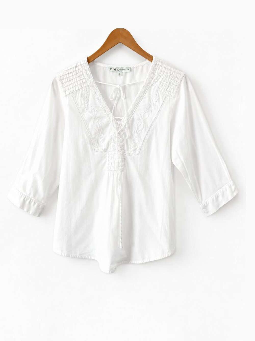 Boho Peasant Top Petite M – White 100% Cotton Embroidered Cleo, Summer Breezy